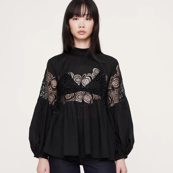 Cotton & Lace Mock-Neck Top - Picture 1 of 9